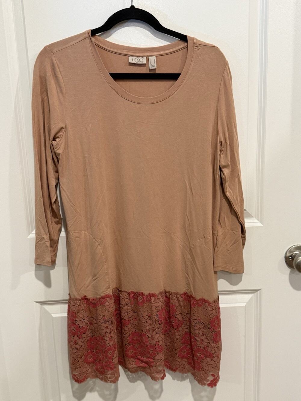 LOGO by Lori Goldstein 3/4 Sleeve Top w Lace Contrasting Hem - Pink - Sz S